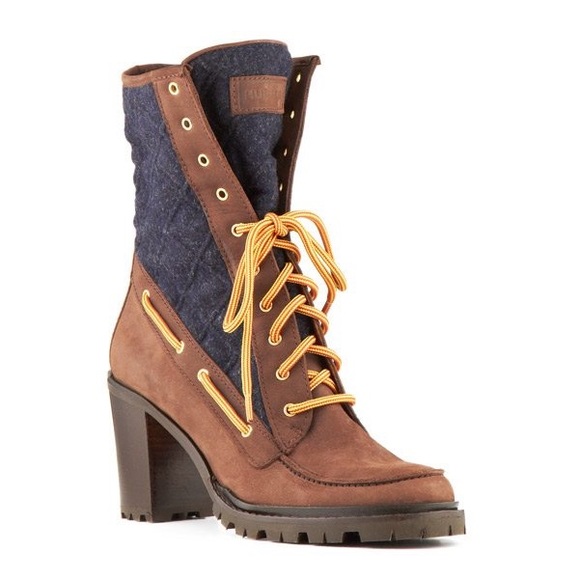 Hunter Shoes - Hunter Henson Boots Navy Quilted Brown Oiled Leather Heeled Size 38